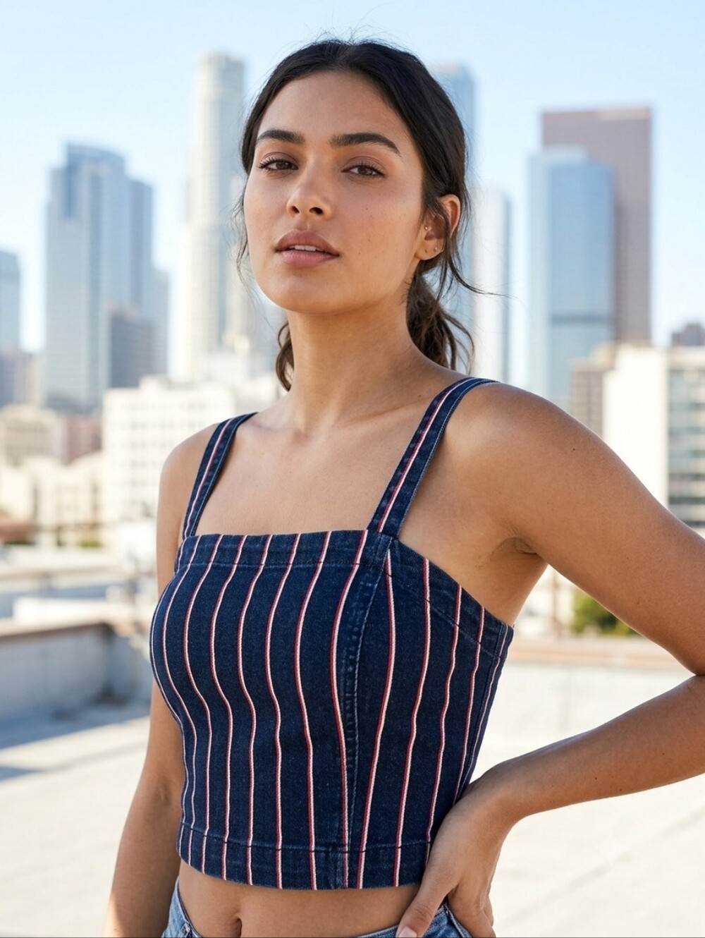Dynamite Denim Striped Navy Blue Crop Tank Top size L